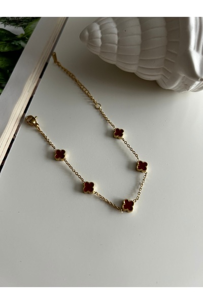 EmdJewelryy Çelik Mini Yonca Bordo Renk Bileklik