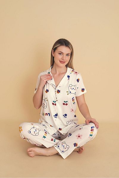 Yerli Women &Apos; S Pajama Kit with Cat Print - Front Button