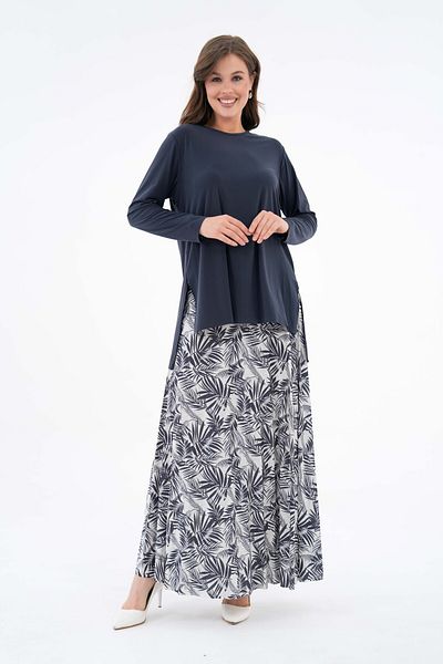 NİSUM MODA Palm Patterned Sandy Skirt Suit