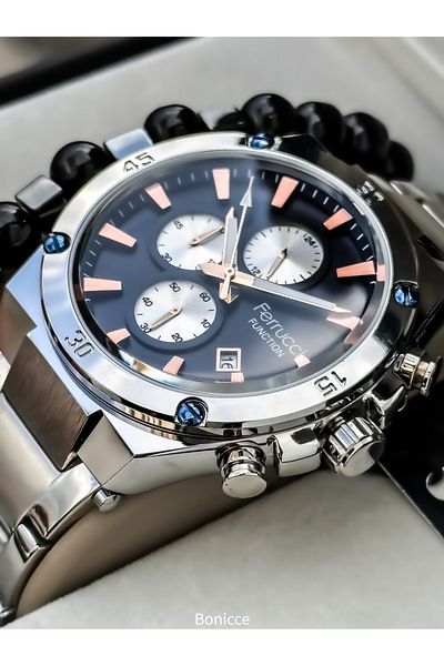 Ferrucci 45mm Case,Functions Active,Silver Steel Band,Navy Blue Dial Calendar Men's Wristwatch Bracelet