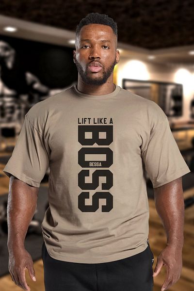 BESSA Ανδρικό μπλουζάκι Lift Like Printed Beige Oversize Crew Neck Cotton Athlete