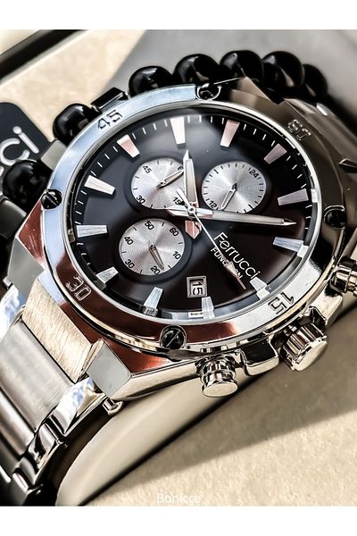 Ferrucci 45mm Case,Functions Active,Silver Steel Band, Black Dial Calendar Men's Wristwatch Bracelet