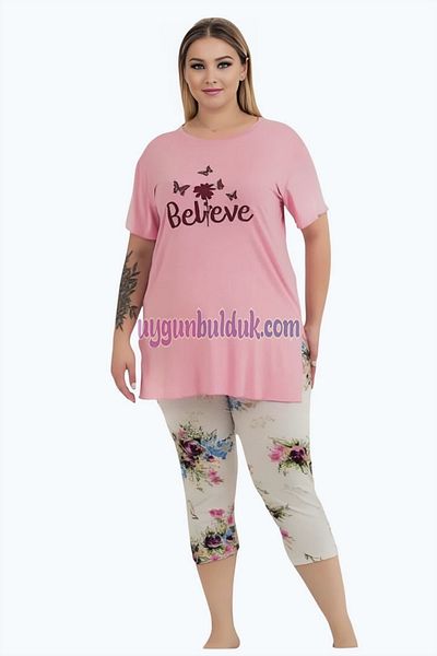 quilling Pink Color and Flower Pattern Lady 10724 Women's Capri Plus Size Pajamas Set