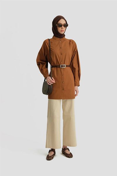 Armine Pleated Judge Collar Tunic - Sleeve Tan 25Y4612