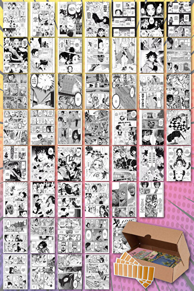 NeoPrint ملصق بطاقة كاريكاتير مانغا - 50 قطعة يابانية باللونين الأبيض والأسود...