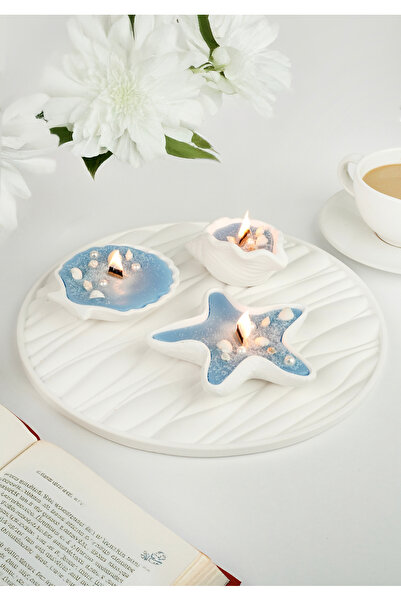 LALEZEN HOME DALGALI TEPSİLİ DENİZ KABUK MAVİ MUMLU İNCİLİ SET