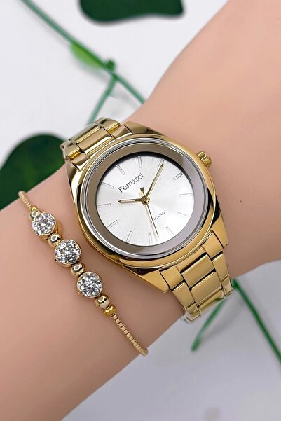 Ferrucci Çelik Kordon Çelik Kasa Kadın Kol Saati, 3 ATM Su Geçirmez Gold zmfe...