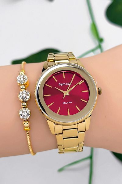 Ferrucci Steel Band Steel Case Women's Wristwatch, 3 Atm Waterproof Gold-Red Zmfer177