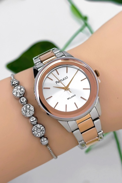 Ferrucci Steel Band Steel Case Women's Wristwatch, 3 Atm Waterproof Rose-Silver-Rose Zmfer177