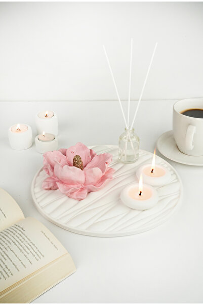 LALEZEN HOME DEV ÇİÇEKLİ SERİ -Dalgalı Desen Tepsi pembe Dev Çiçek 2Mumluk+koku