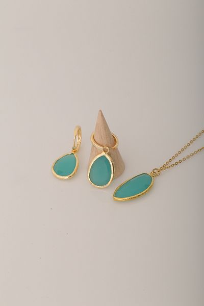 Feyz Tasarım Special Design Necklace Earring Set with Cat's Eye Stone
