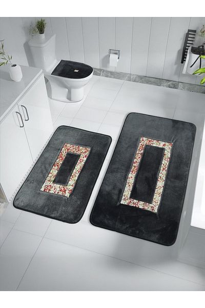FeelHome Σετ πατάκι μπάνιου 3 τεμαχίων Anthracite Grey Luxury Flower Pattern - Αντιολισθητική βάση Arsuz