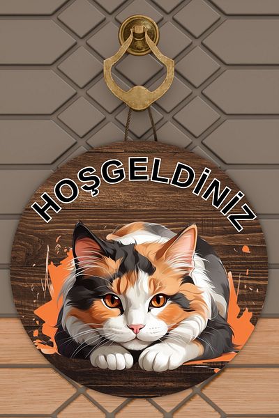 Rugmood Μοντέρνο Στολίδι Πόρτας Ξύλινο Δάπεδο Welcome Cat Στολίδι Εξωτερικής Πόρτας