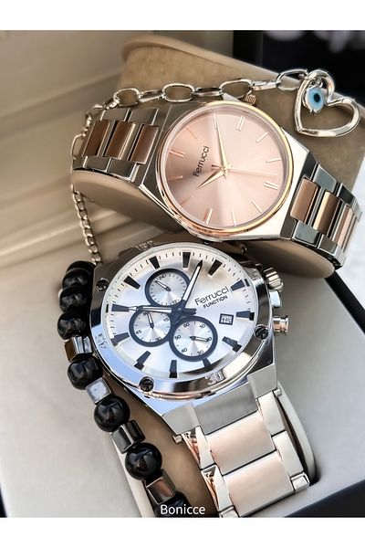Ferrucci Silver Colored Steel Band Lover Watches - with Rosary and Bracelet Gift