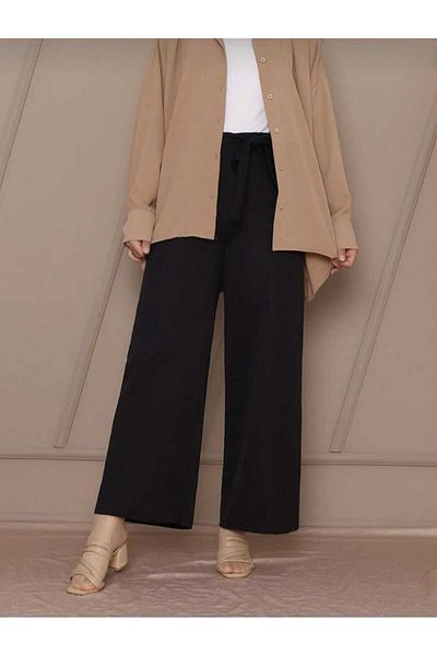 markatrend Women's Lace-Up Waist Crepe Wide Leg Pants