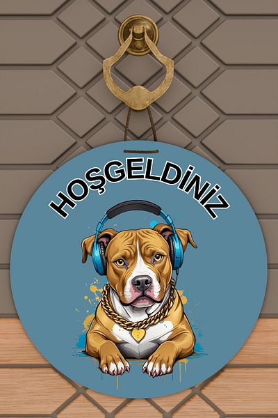 Rugmood Ornament modern pentru ușă Fundal albastru Pitbull cu căști Ornament pentru ușă în aer liber