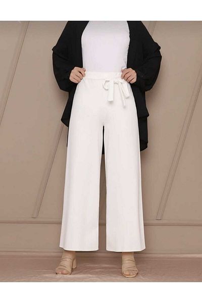 markatrend Women's Lace-Up Waist Crepe Wide Leg Pants