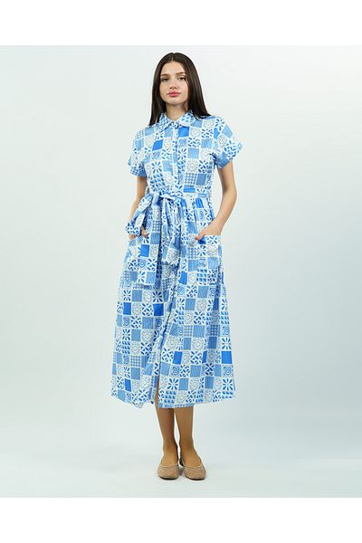 maf collection Rochie de damă, albastră, cu imprimeu mixt, cu curea, cu detaliu cu fante