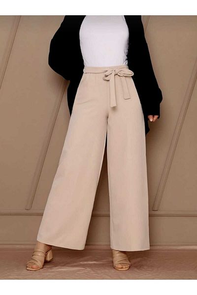 markatrend Women's Lace-Up Waist Crepe Wide Leg Pants