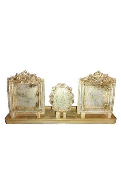 Hediyemiks Dekoratif Ve Hediyelik Altın Işıltılı Fotoğraf Çerçevesi Kare Obje Set 3 1 = 4 Parça