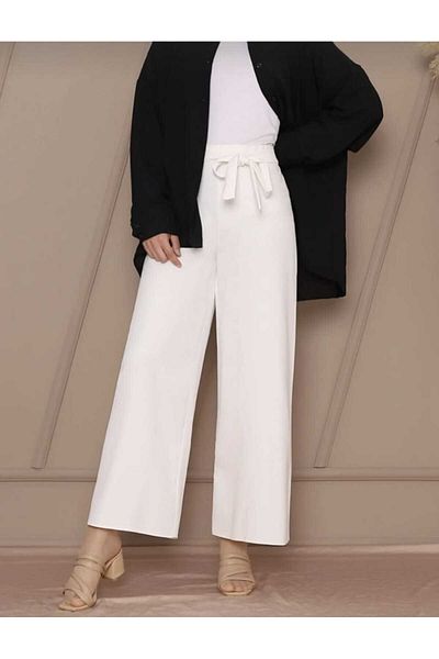markatrend Women's Lace-Up Waist Crepe Wide Leg Pants