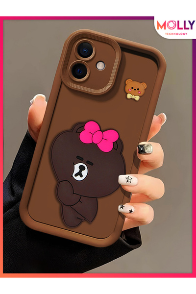 Molly iPhone 11 İçin Fallow Brown Kenarları Kalın 3d Kabartmalı Alice Bear Si...