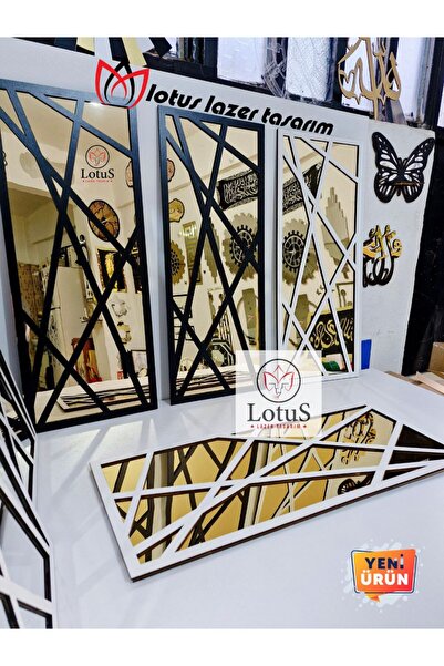 LotusLazer Tasarım Dekoratif Beyaz & Siyah Renk Çerçeveli 3 Parçalı Gold Ayna...