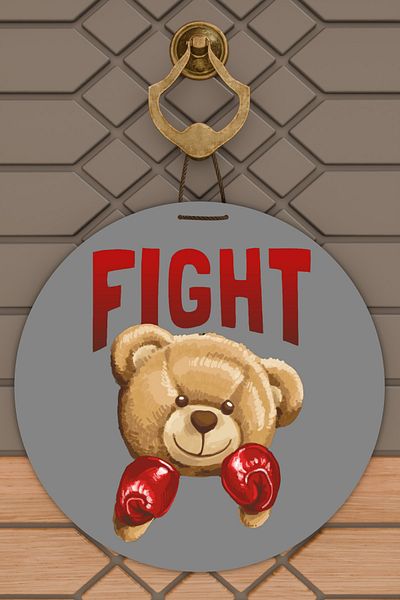 Rugmood Μοντέρνο Στολίδι Πόρτας Γκρι Fight Teddy Bear Στολίδι Εξωτερικής Πόρτας