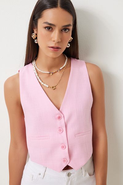 Lovelyİstanbul Pink V-Neck Linen Vest - Lkt0003