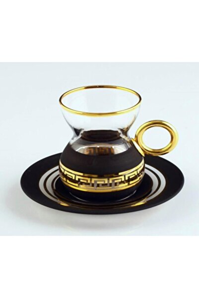 AbkaKristal Paşabahçe Organik Boya Versage Siyah Gold Dekor Cam Çay Tabaklı K...