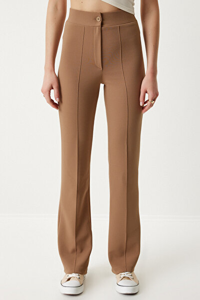 Lovelyİstanbul Yüksek Bel Likralı Örme Pantolon BİSKÜVİ LRV0004