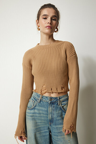Lovelyİstanbul Tricotaj Crop Pulover - Detaliu rupt, Biscuit Lyy0038