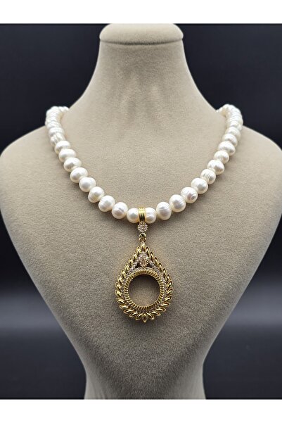 NBS Beautiful Naturel Stones Gerçek İnci Kolye Çeyrek Altın Takma Aparatlı Ok...