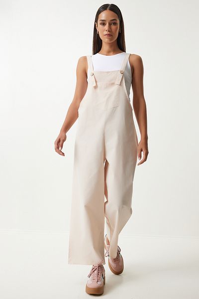 Lovelyİstanbul Thin Gabardine Cream Summer Gardener Overalls - Strappy Lky0001