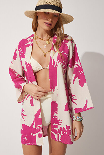 Lovelyİstanbul Κιμονό βισκόζης με μπεζ ροζ σχέδιο - Lbh0005