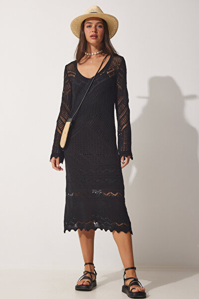 Lovelyİstanbul Spanish Sleeve Summer Openwork Knitwear Dress Black Lns0003