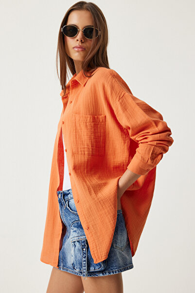 Lovelyİstanbul Cămașă oversize din muselină portocalie - Lmx0002