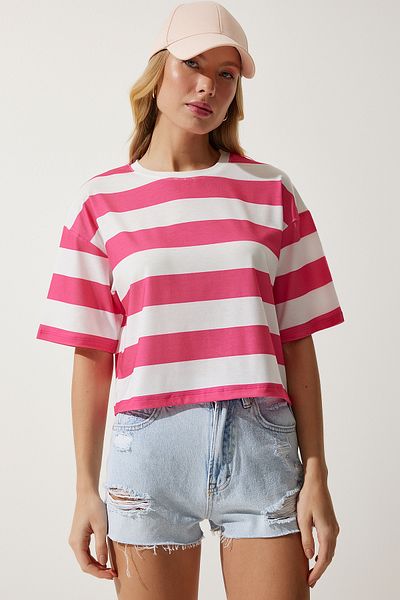 Lovelyİstanbul Μπλουζάκι με λευκό ροζ ριγέ Crew Neck Crop - Lhf0007