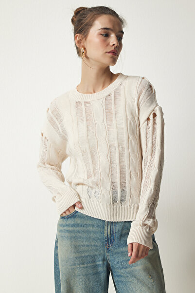 Lovelyİstanbul Yırtık Detaylı Triko Kazak KREM LBV0030