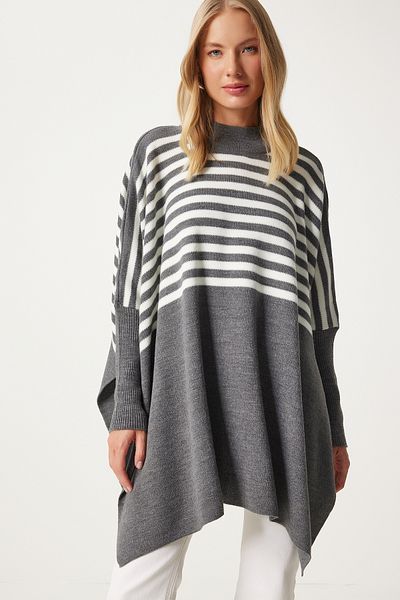 Lovelyİstanbul Gray Striped Oversize Side Slit Poncho Sweater - Ldd0031