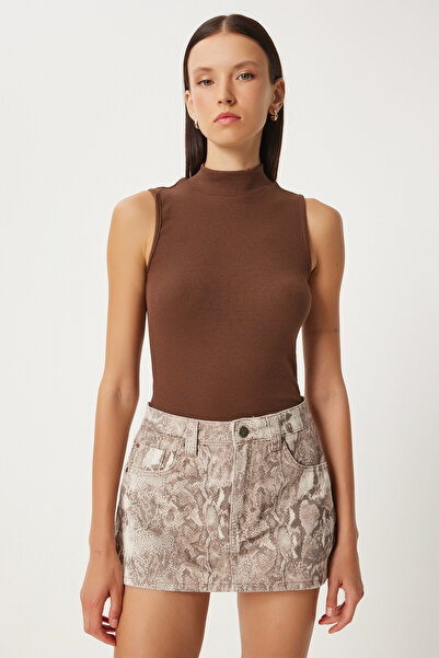 Lovelyİstanbul Αμάνικη πλεκτή μπλούζα με ζιβάγκο καφέ Lgt0007