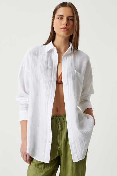 Lovelyİstanbul Oversize Basic Müslin Gömlek KIRIK BEYAZ LMX0002