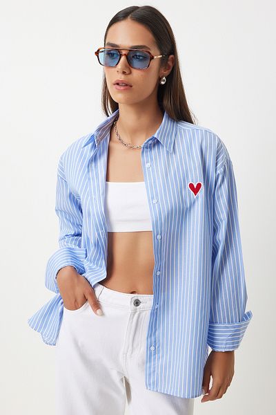 Lovelyİstanbul Πουκάμισο Poplin Oversize - Κεντημένο με καρδιά και ριγέ, Sky Blue White Ldx0001