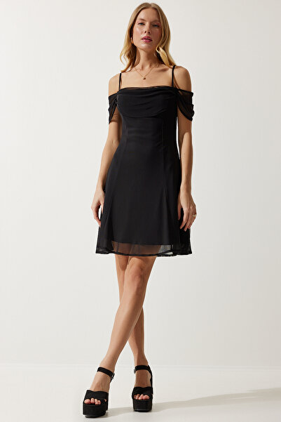 Lovelyİstanbul Черна рокля от шифон - презрамки и яка Lub0022