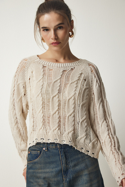 Lovelyİstanbul Pulover de tricotaj crop ajurat crem - Detaliu rupt Lmc0024