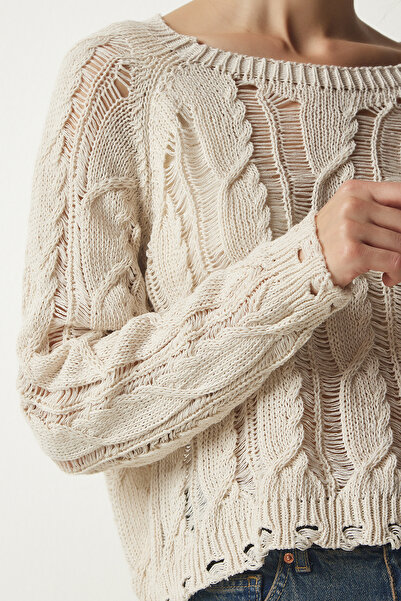 Lovelyİstanbul Pulover de tricotaj crop ajurat crem - Detaliu rupt Lmc0024