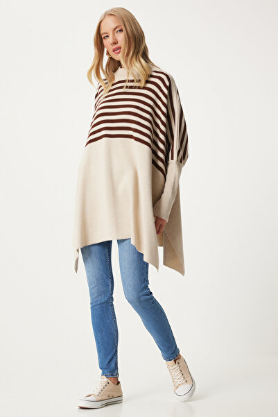 Lovelyİstanbul Pulover oversize cu dungi cu fantă laterală - crem Ldd0031