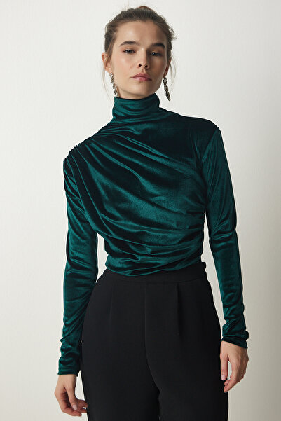 Lovelyİstanbul Σμαραγδένια Πράσινη Κομψή Βελούδινη Μπλούζα - Κολάρο με κορδόνι, Lff0019