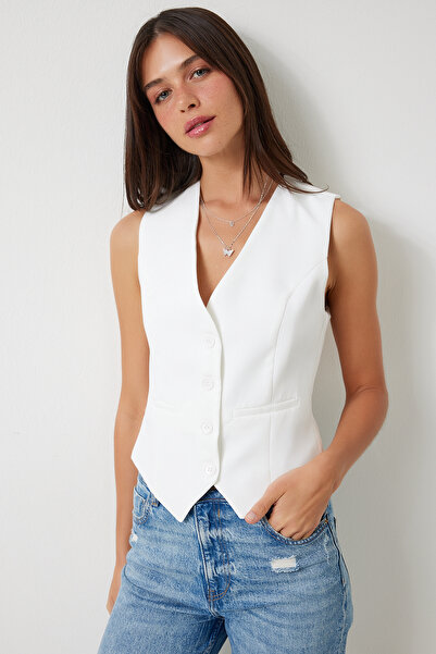 Lovelyİstanbul White Crop Woven Vest - Fitting on the Body, Lto0003
