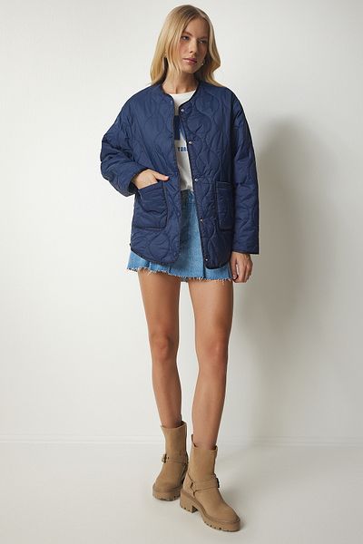 Lovelyİstanbul Navy Blue Oversize Quilted Coat - Ldz0011 with Pockets